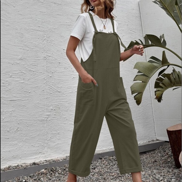 Boho Overalls Wide Leg Suspender Style Jumpsuit Pockets Olive Green - Picture 4 of 5